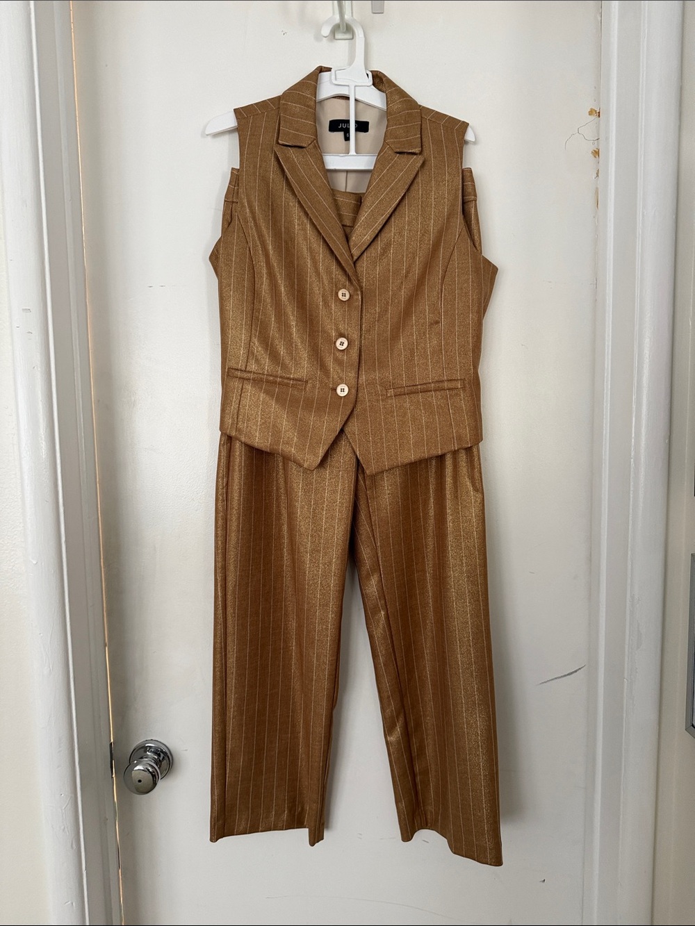 Tailored Sleeveless Pinstripe Vest & Wide-Leg Pants Set - Brown
